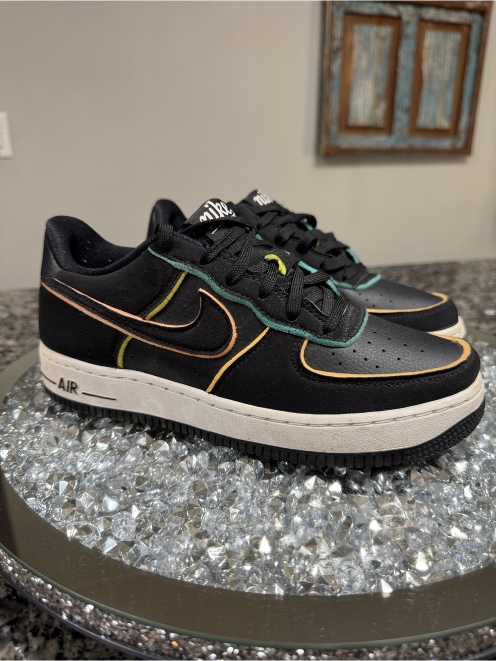 Nike Black Air Force 1 Low with Green, Yellow & Peach Accents
